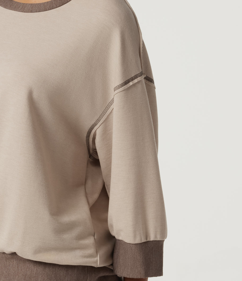 Round Neck 7/8 Sleeve Color Block Casual Sweatshirt — Light Beige — view 7