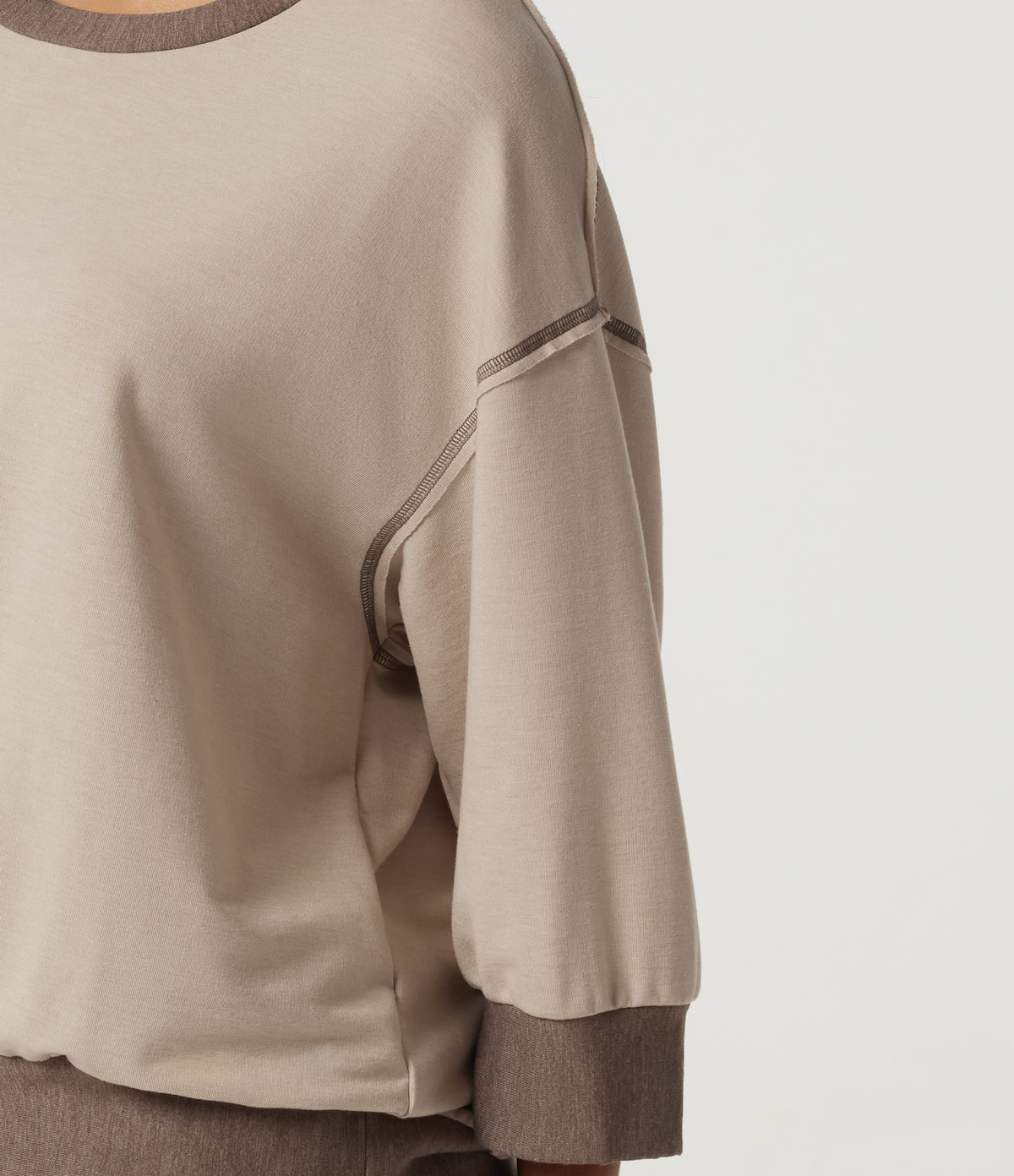 Round Neck 7/8 Sleeve Color Block Casual Sweatshirt — Light Beige — view 7