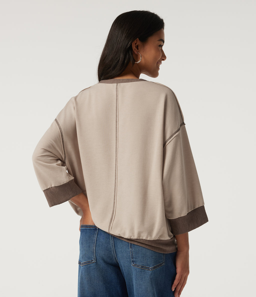 Round Neck 7/8 Sleeve Color Block Casual Sweatshirt — Light Beige — view 2