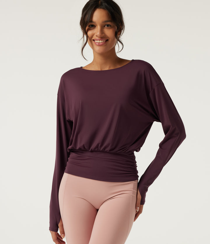 Boat Neck Long Sleeve Ruched InstantCool Yoga Sports Top-UPF50+ — Fig — view 1