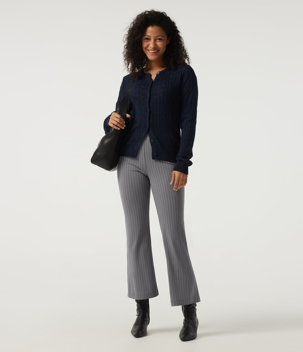 High Waisted Flare Stripe Work Trousers with Pockets — Slate Pinstripe — view 7