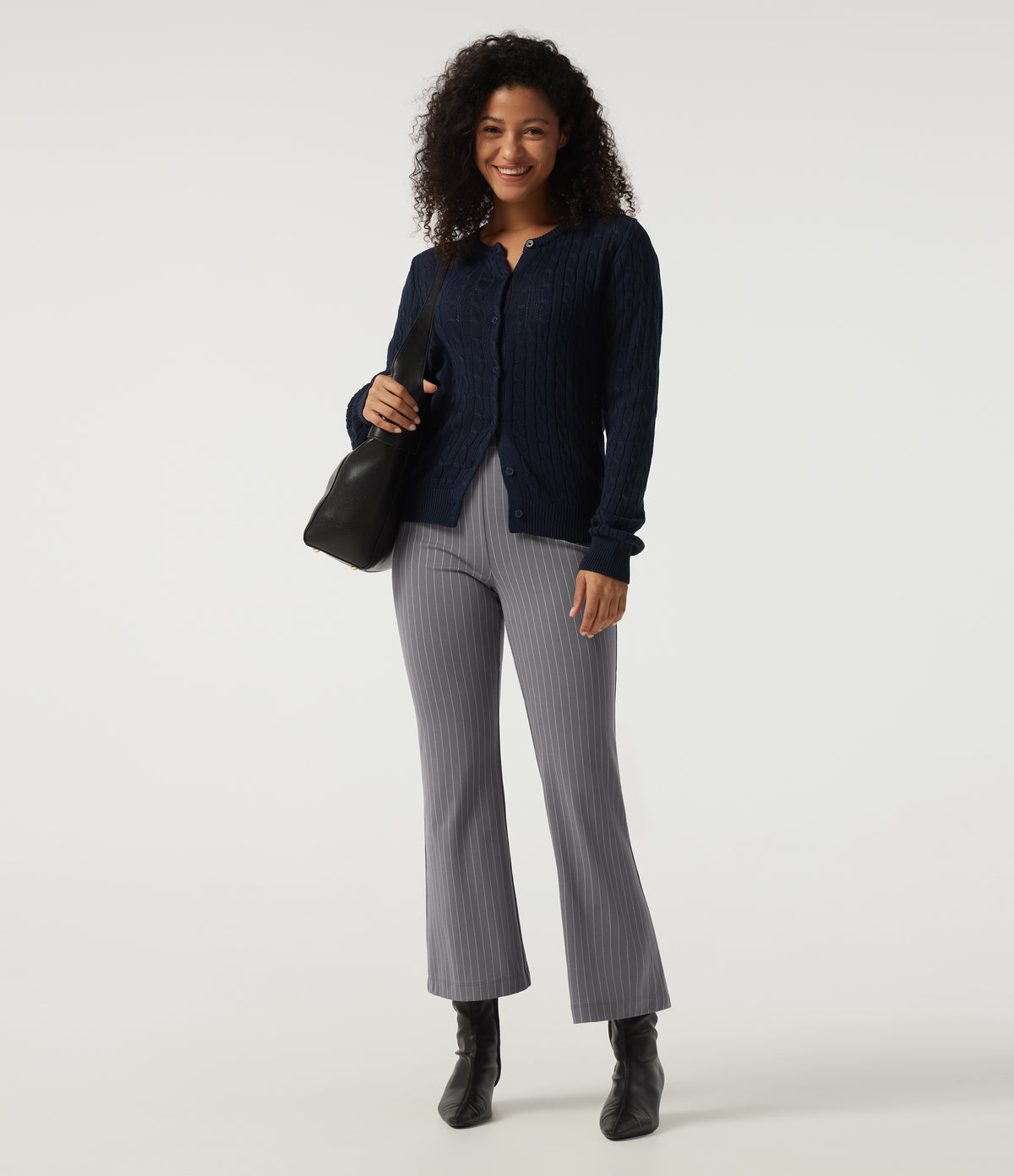 High Waisted Flare Stripe Work Trousers with Pockets — Slate Pinstripe — view 7