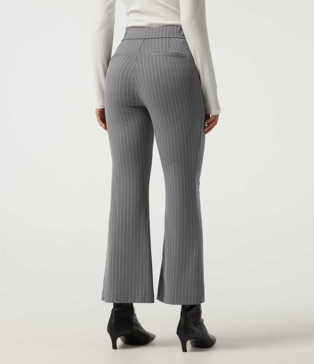 High Waisted Flare Stripe Work Trousers with Pockets — Slate Pinstripe — view 2