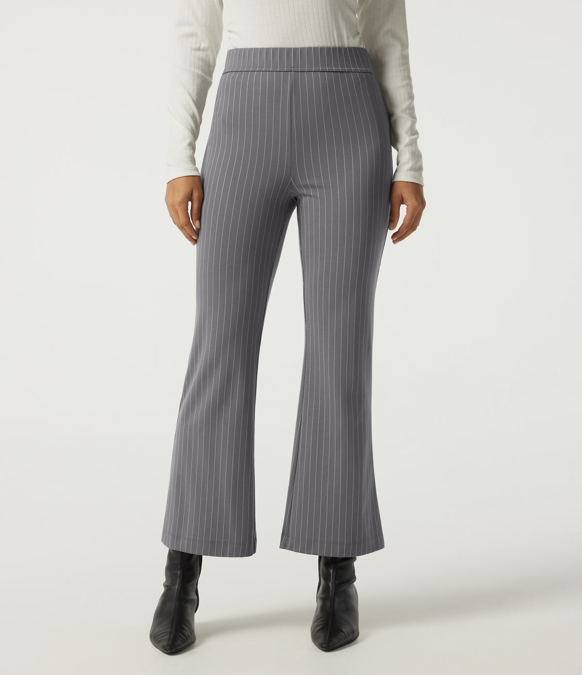 High Waisted Flare Stripe Work Trousers with Pockets — Slate Pinstripe — view 1