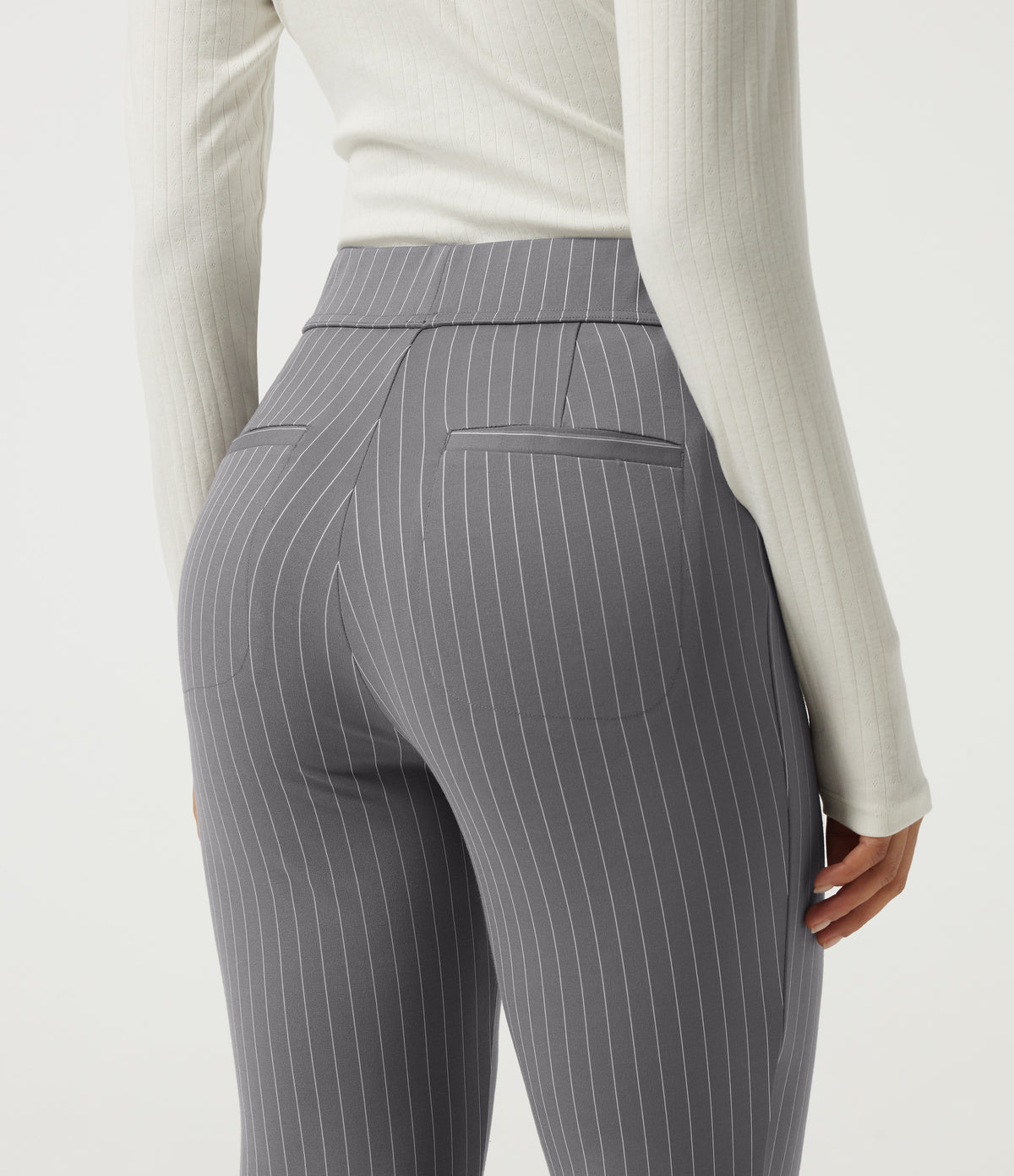 High Waisted Flare Stripe Work Trousers with Pockets — Slate Pinstripe — view 5
