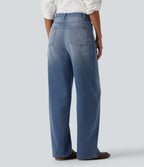 Mid Rise Barrel Leg Casual Jeans with Pockets — Tide Blue Denim — view 2