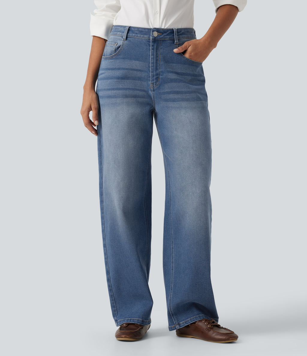 Mid Rise Barrel Leg Casual Jeans with Pockets — Tide Blue Denim — view 1