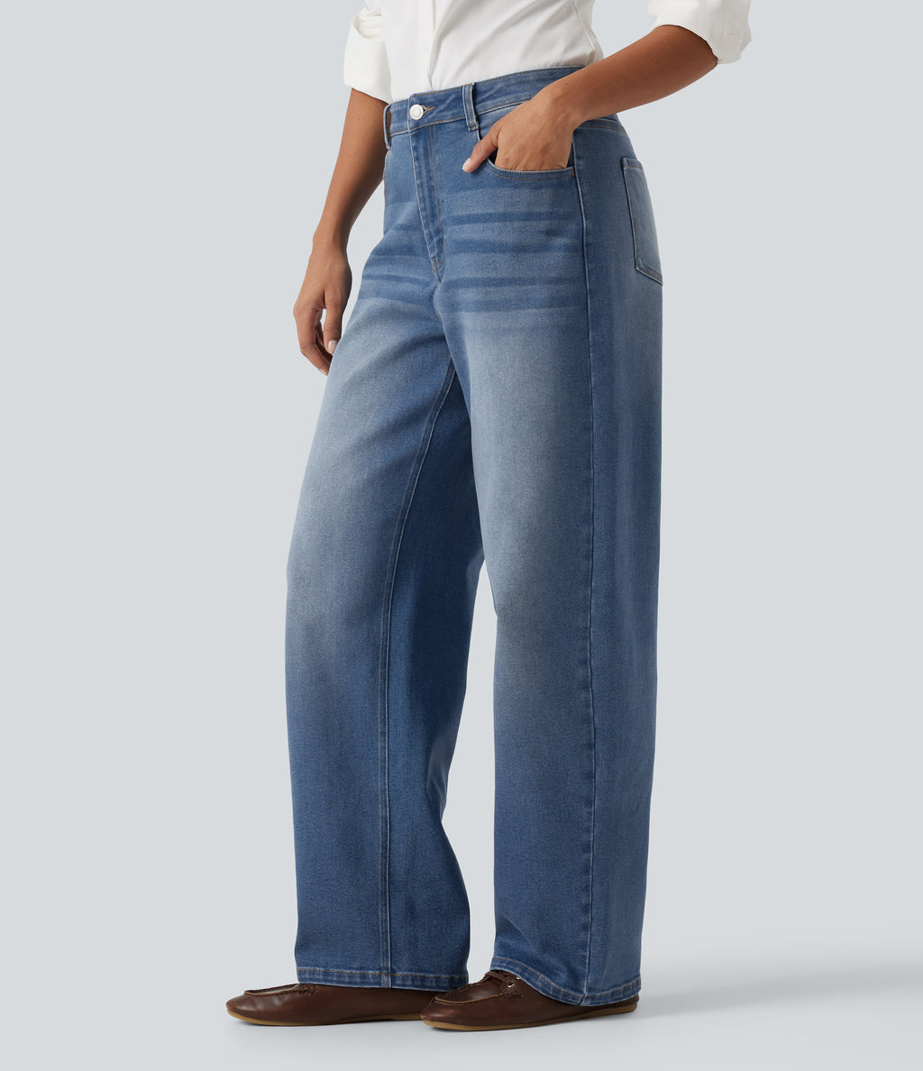 Mid Rise Barrel Leg Casual Jeans with Pockets — Tide Blue Denim — view 3