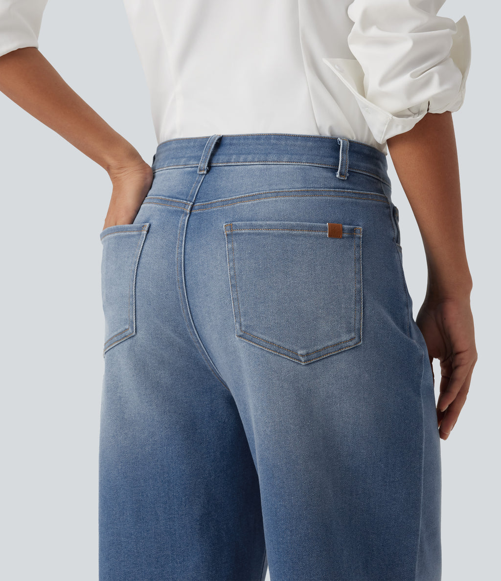 Mid Rise Barrel Leg Casual Jeans with Pockets — Tide Blue Denim — view 5
