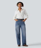 Mid Rise Barrel Leg Casual Jeans with Pockets — Tide Blue Denim — view 7