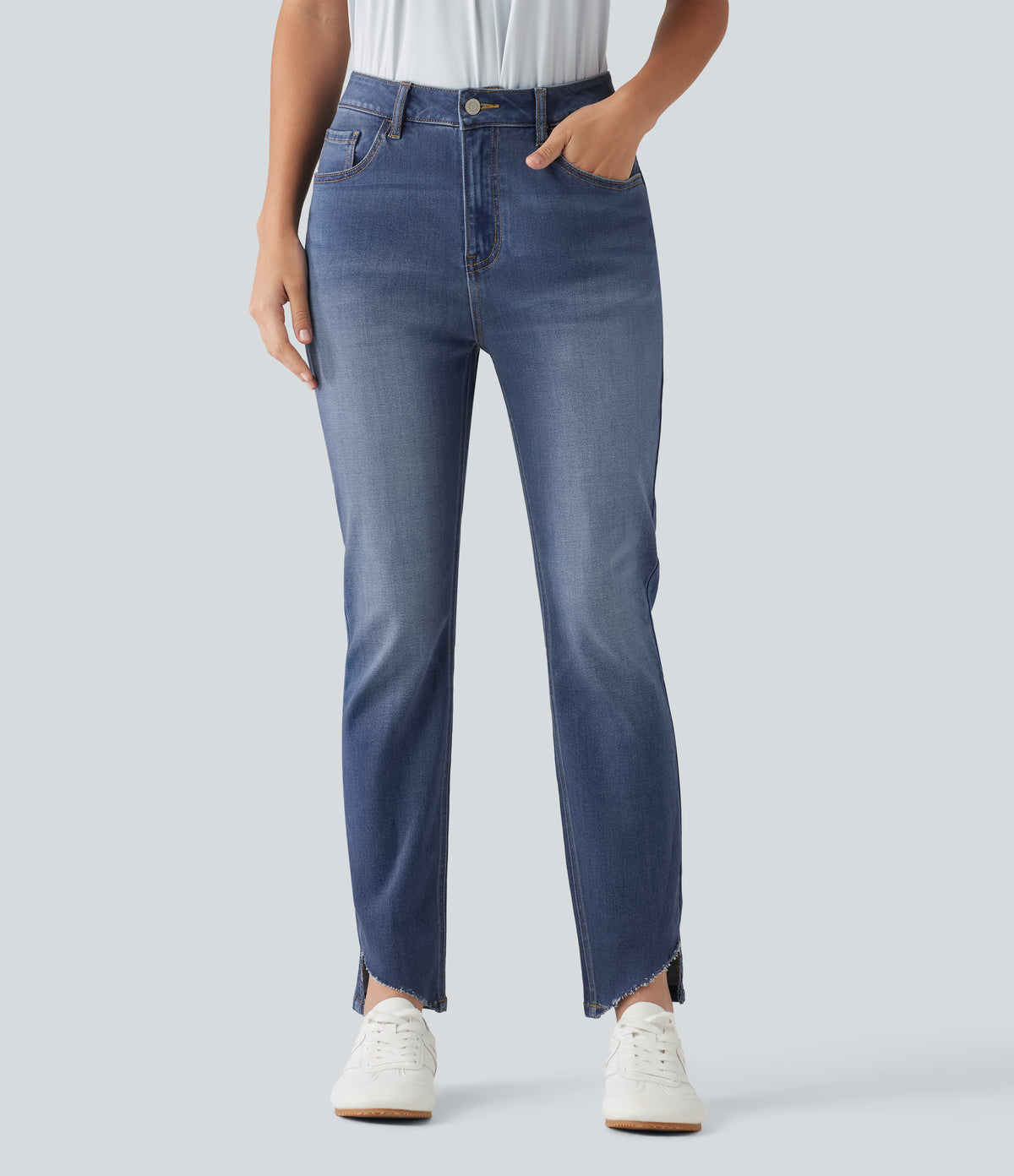 High Waisted Skinny Casual Jeans with Pockets — Tide Blue Denim — view 3