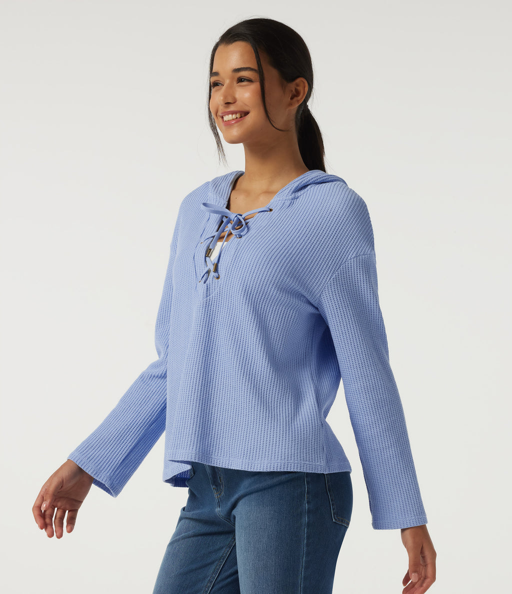 Hooded Long Sleeve Lace Up Waffle Casual Sweatshirt — Chambray Blue — view 3