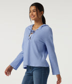 Hooded Long Sleeve Lace Up Waffle Casual Sweatshirt — Chambray Blue — view 3