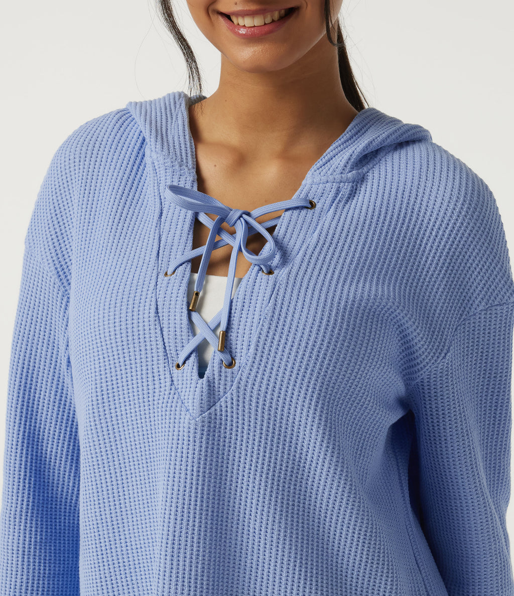Hooded Long Sleeve Lace Up Waffle Casual Sweatshirt — Chambray Blue — view 6