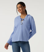 Hooded Long Sleeve Lace Up Waffle Casual Sweatshirt — Chambray Blue — view 4