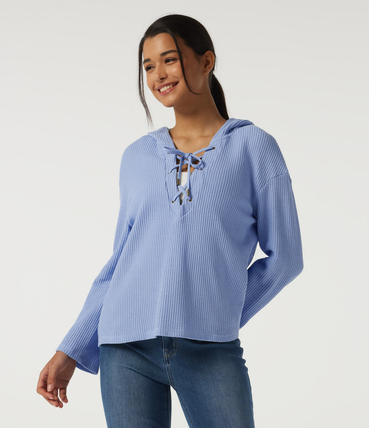 Hooded Long Sleeve Lace Up Waffle Casual Sweatshirt — Chambray Blue — view 4
