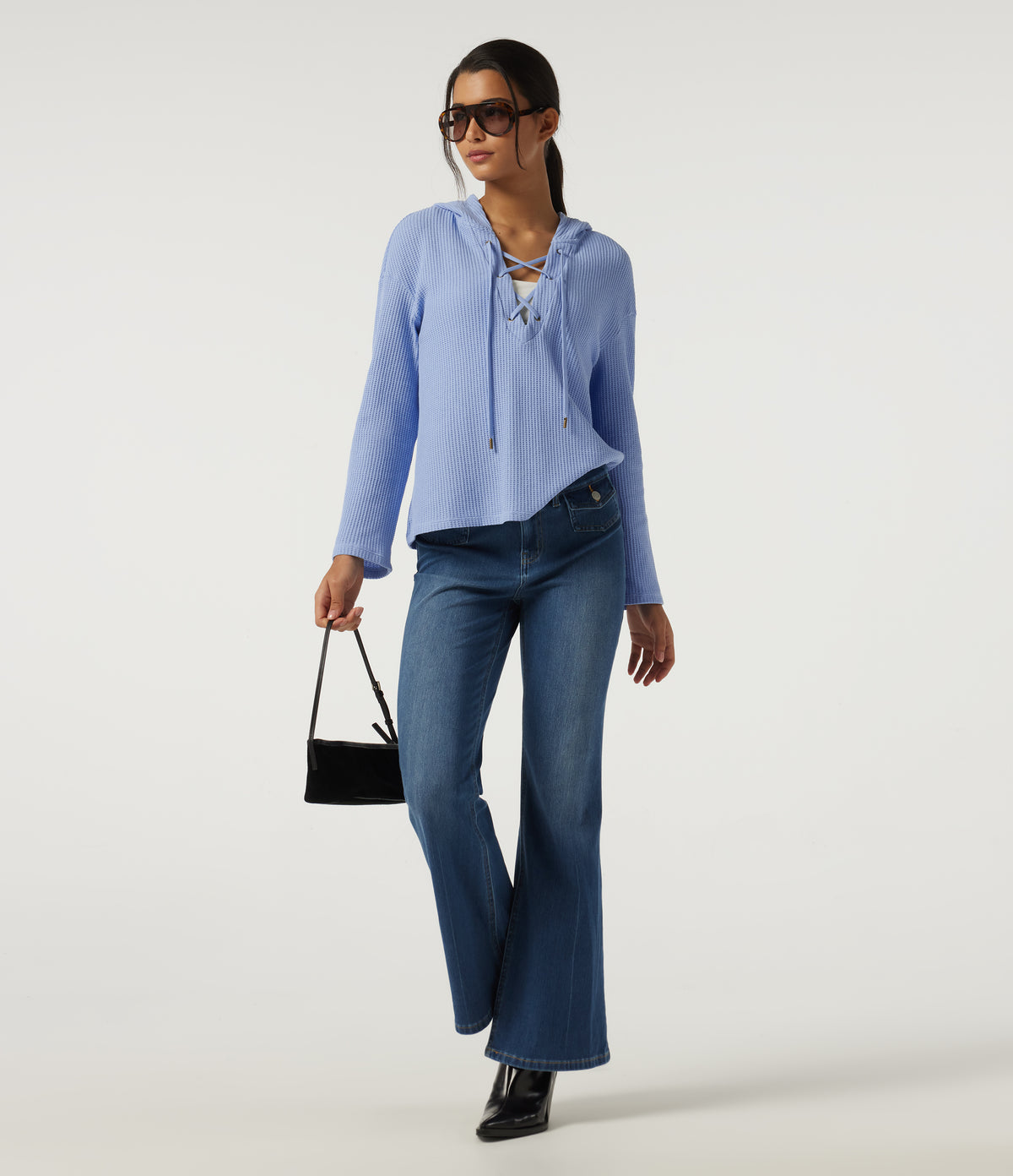 Hooded Long Sleeve Lace Up Waffle Casual Sweatshirt — Chambray Blue — view 7