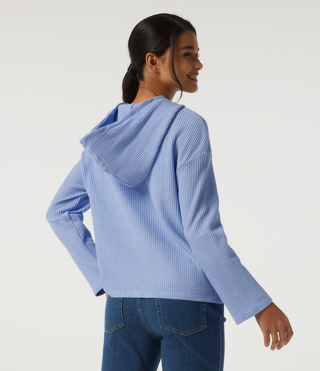 Hooded Long Sleeve Lace Up Waffle Casual Sweatshirt — Chambray Blue — view 2