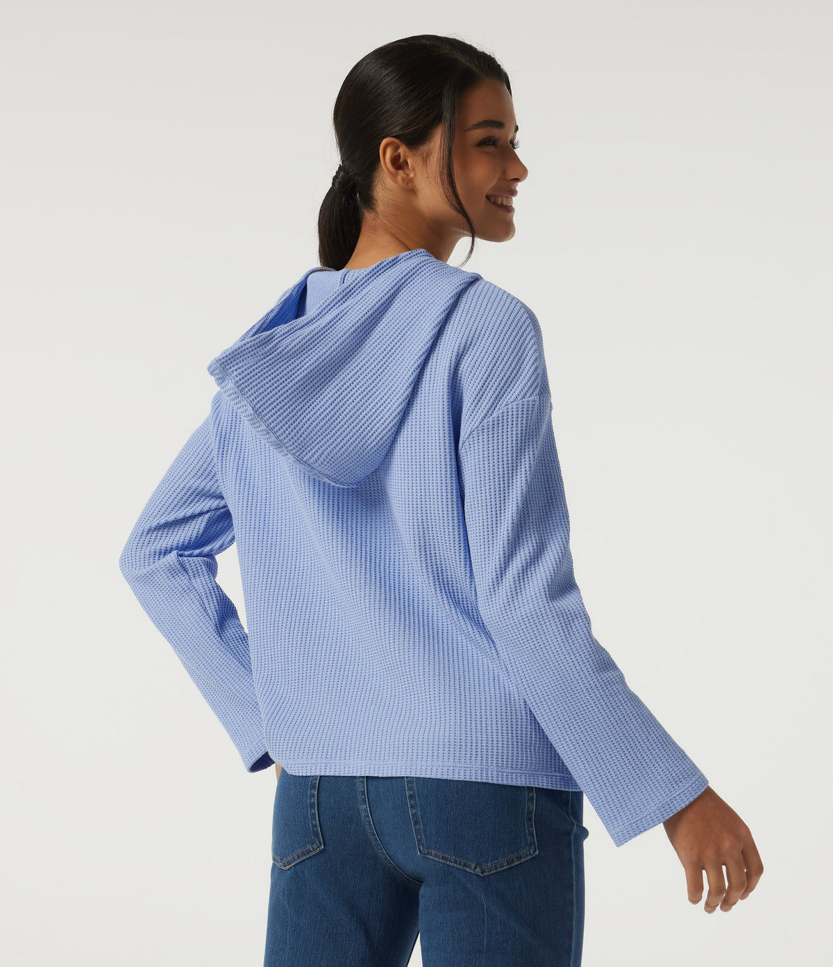 Hooded Long Sleeve Lace Up Waffle Casual Sweatshirt — Chambray Blue — view 2