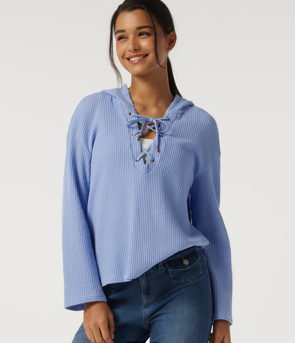 Hooded Long Sleeve Lace Up Waffle Casual Sweatshirt — Chambray Blue — view 1