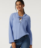 Hooded Long Sleeve Lace Up Waffle Casual Sweatshirt — Chambray Blue — view 1