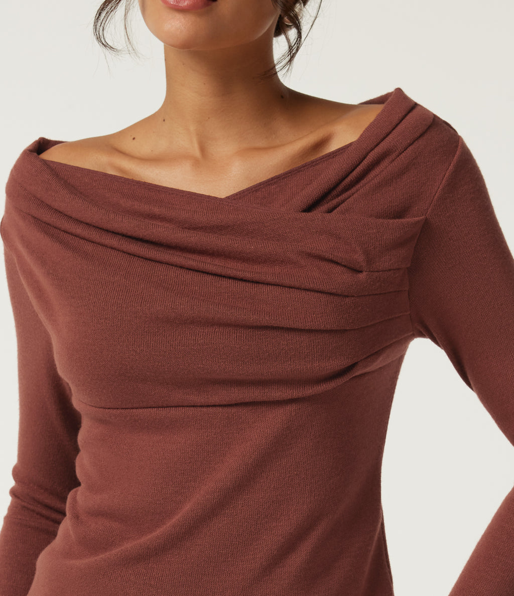Off Shoulder Crossover Ruched Long Sleeve Casual Top — Currant — view 7