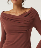 Off Shoulder Crossover Ruched Long Sleeve Casual Top — Currant — view 7