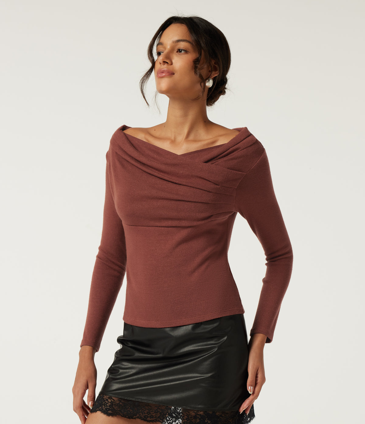 Off Shoulder Crossover Ruched Long Sleeve Casual Top — Currant — view 3