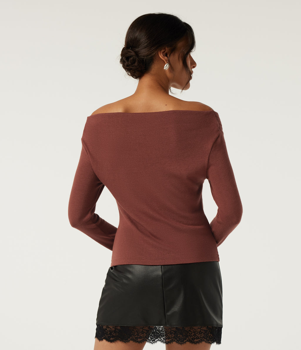 Off Shoulder Crossover Ruched Long Sleeve Casual Top — Currant — view 5