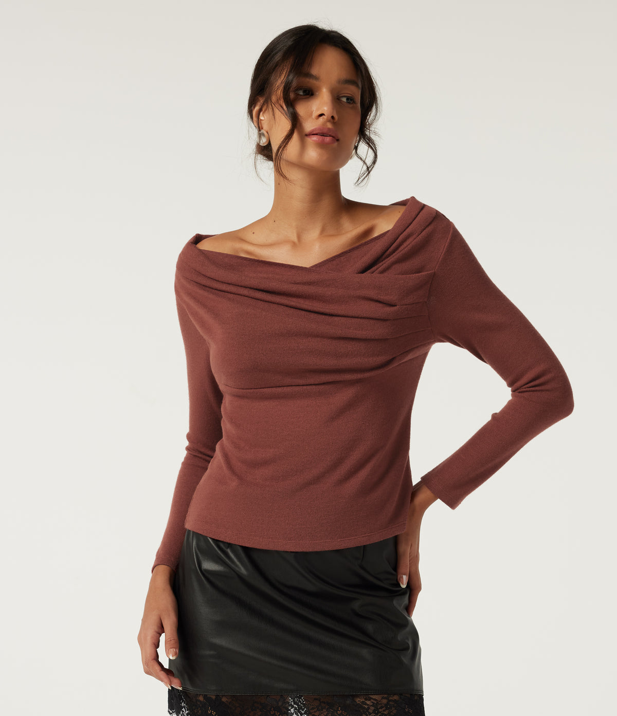 Off Shoulder Crossover Ruched Long Sleeve Casual Top — Currant — view 6