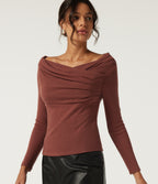 Off Shoulder Crossover Ruched Long Sleeve Casual Top — Currant — view 1