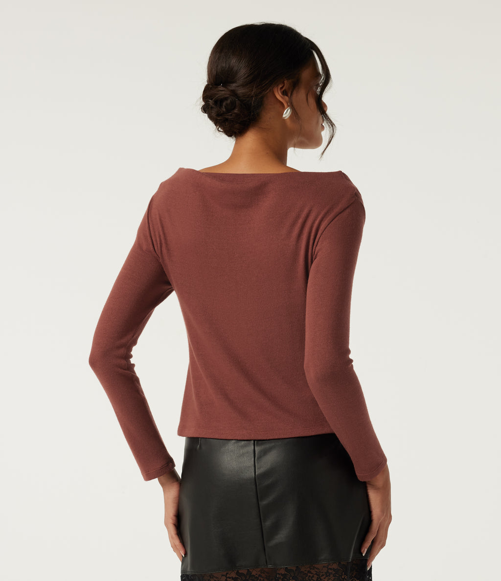 Off Shoulder Crossover Ruched Long Sleeve Casual Top — Currant — view 2