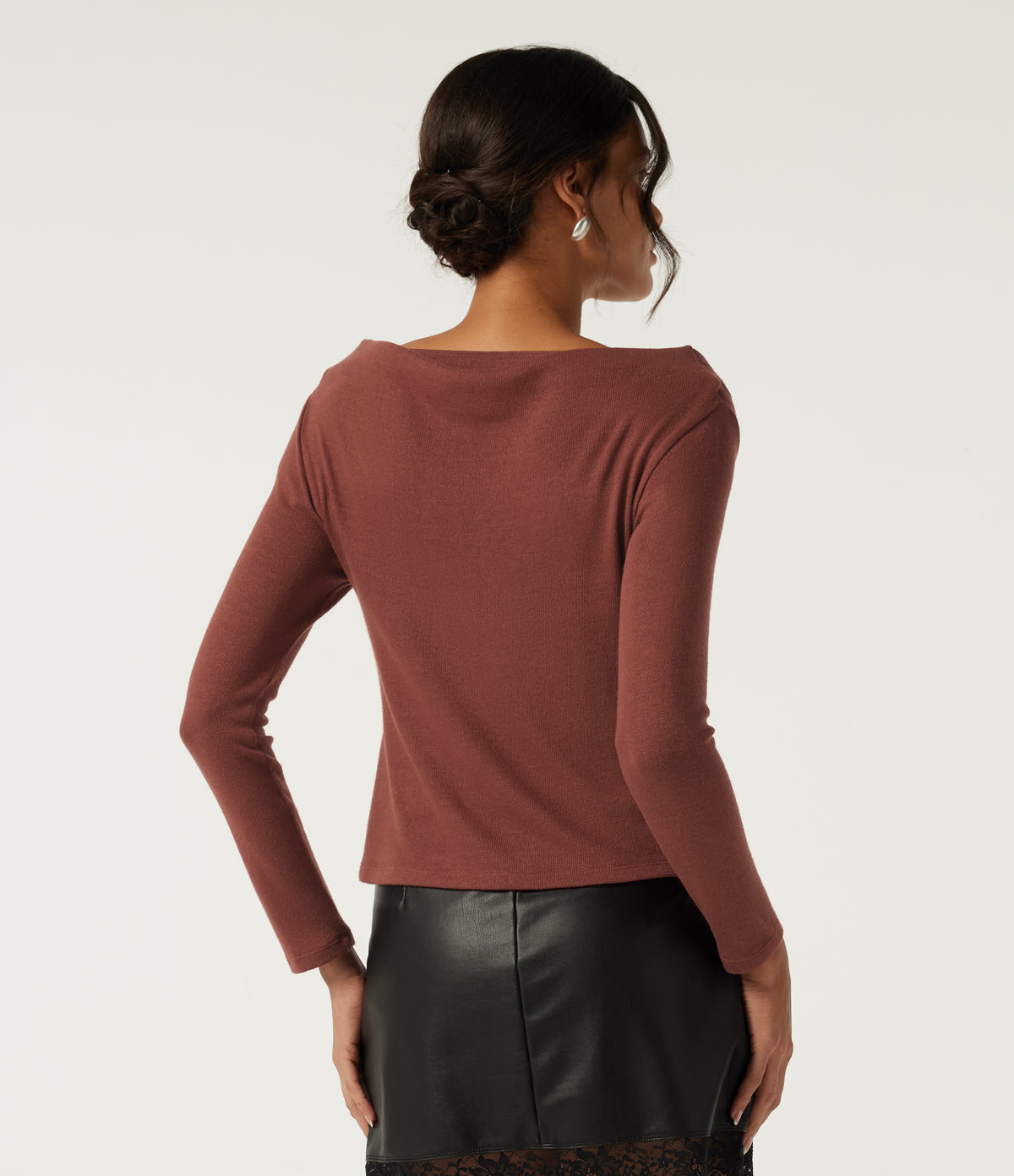Off Shoulder Crossover Ruched Long Sleeve Casual Top — Currant — view 2
