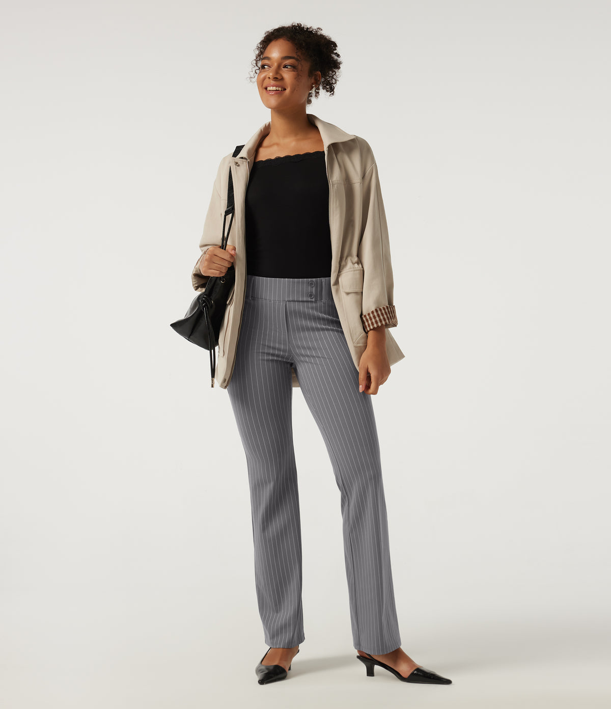 Low Rise Stripe Flare Work Trousers with Pockets — Slate Pinstripe — view 6