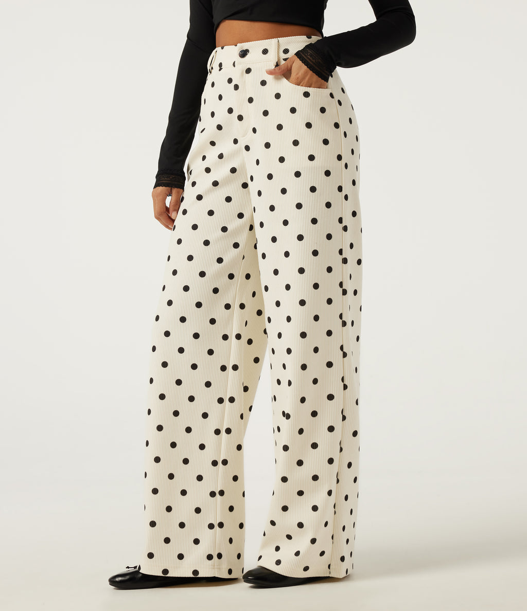 High Waisted Wide Leg Polka Dot Corduroy Casual Trousers with Pockets — Prelude Dot — view 1