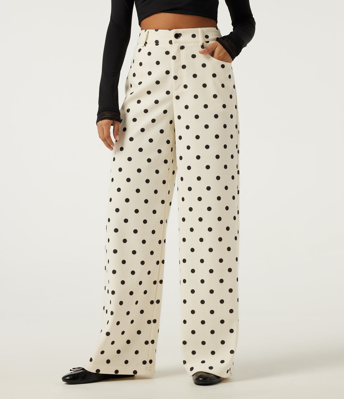 High Waisted Wide Leg Polka Dot Corduroy Casual Trousers with Pockets — Prelude Dot — view 3