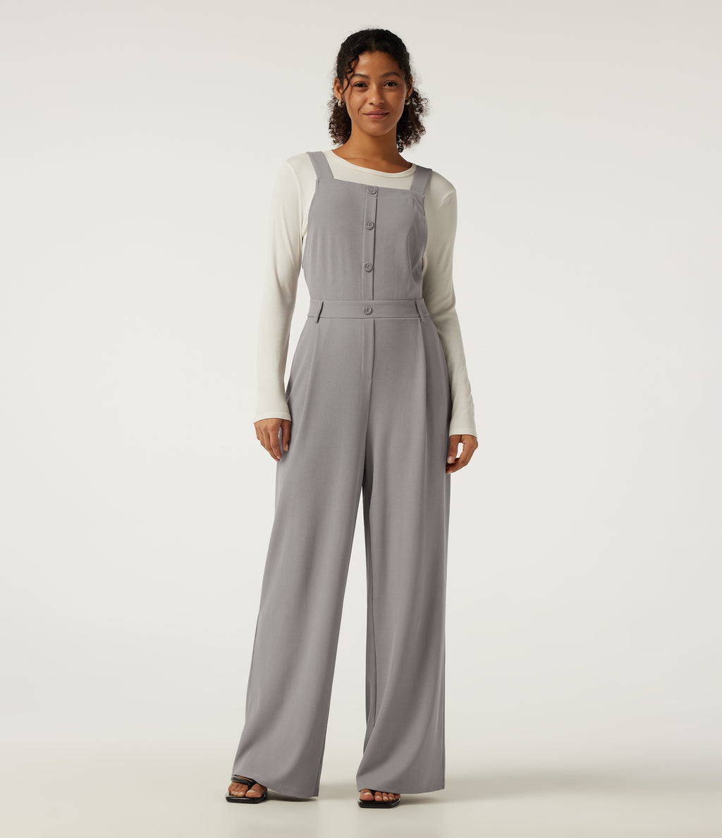 Square Neck Wide Leg Waffle Casual Dungarees with Pockets — Mink Ash — view 3