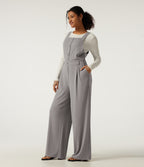 Square Neck Wide Leg Waffle Casual Dungarees with Pockets — Mink Ash — view 1