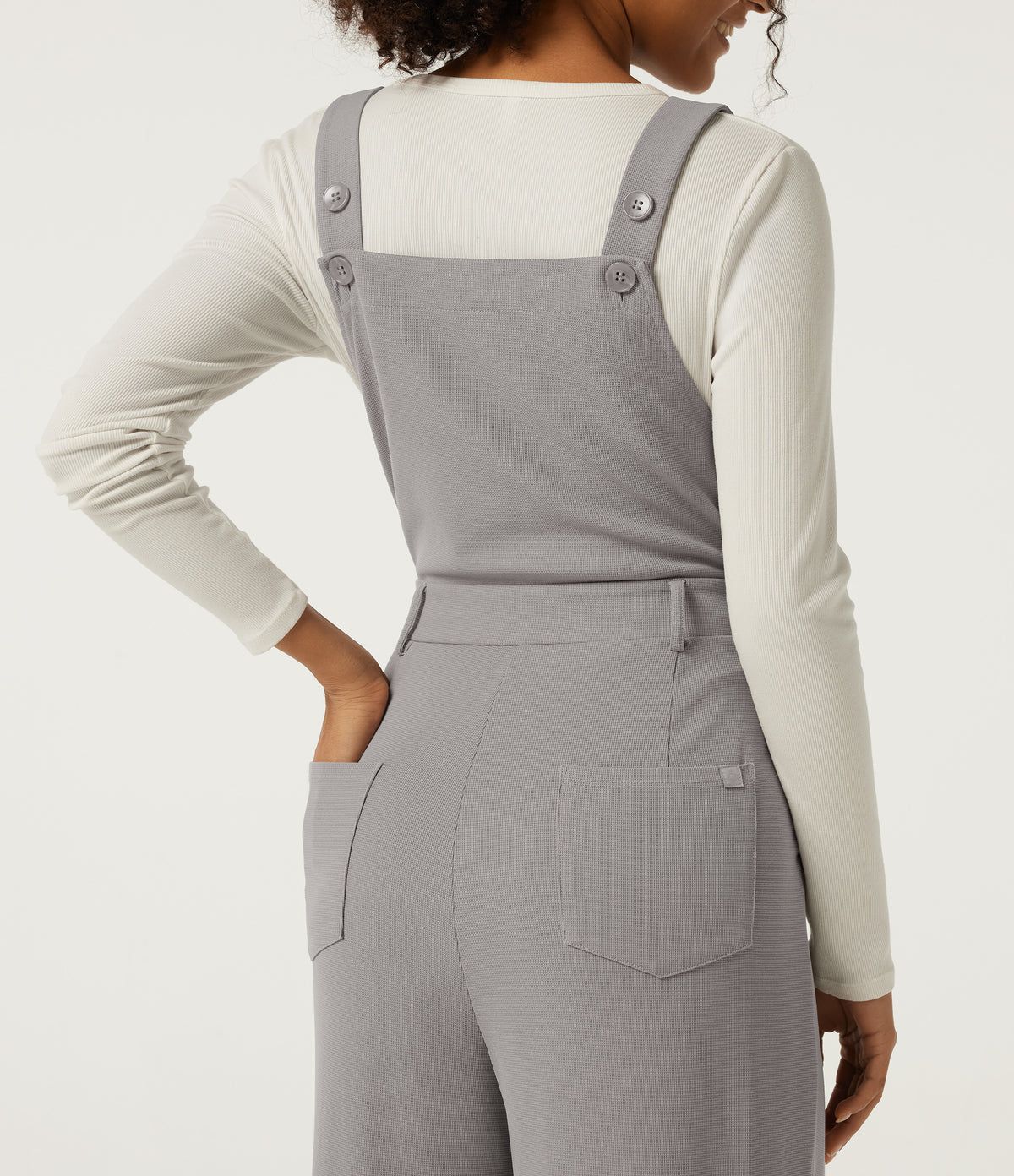 Square Neck Wide Leg Waffle Casual Dungarees with Pockets — Mink Ash — view 5