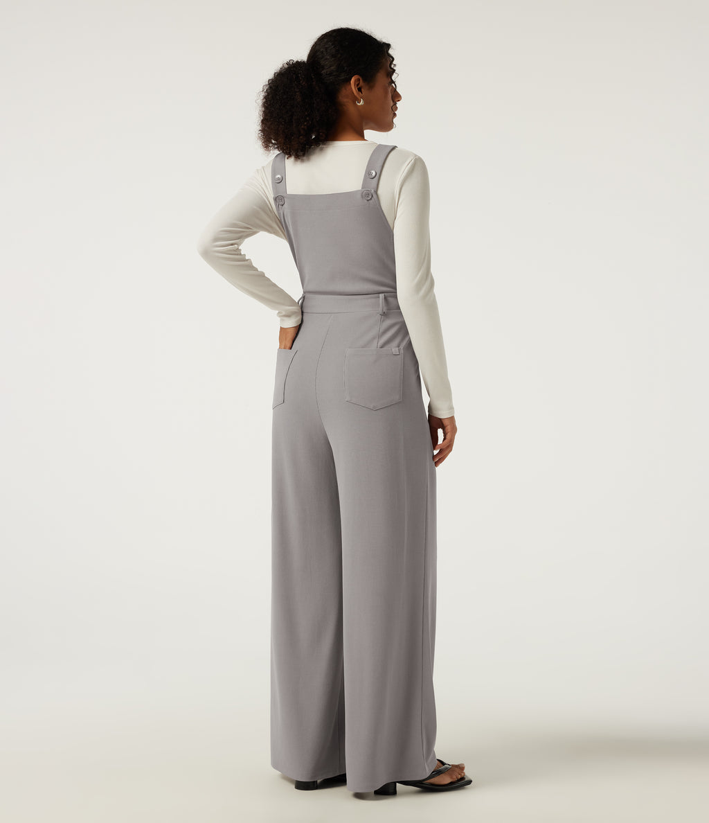 Square Neck Wide Leg Waffle Casual Dungarees with Pockets — Mink Ash — view 2