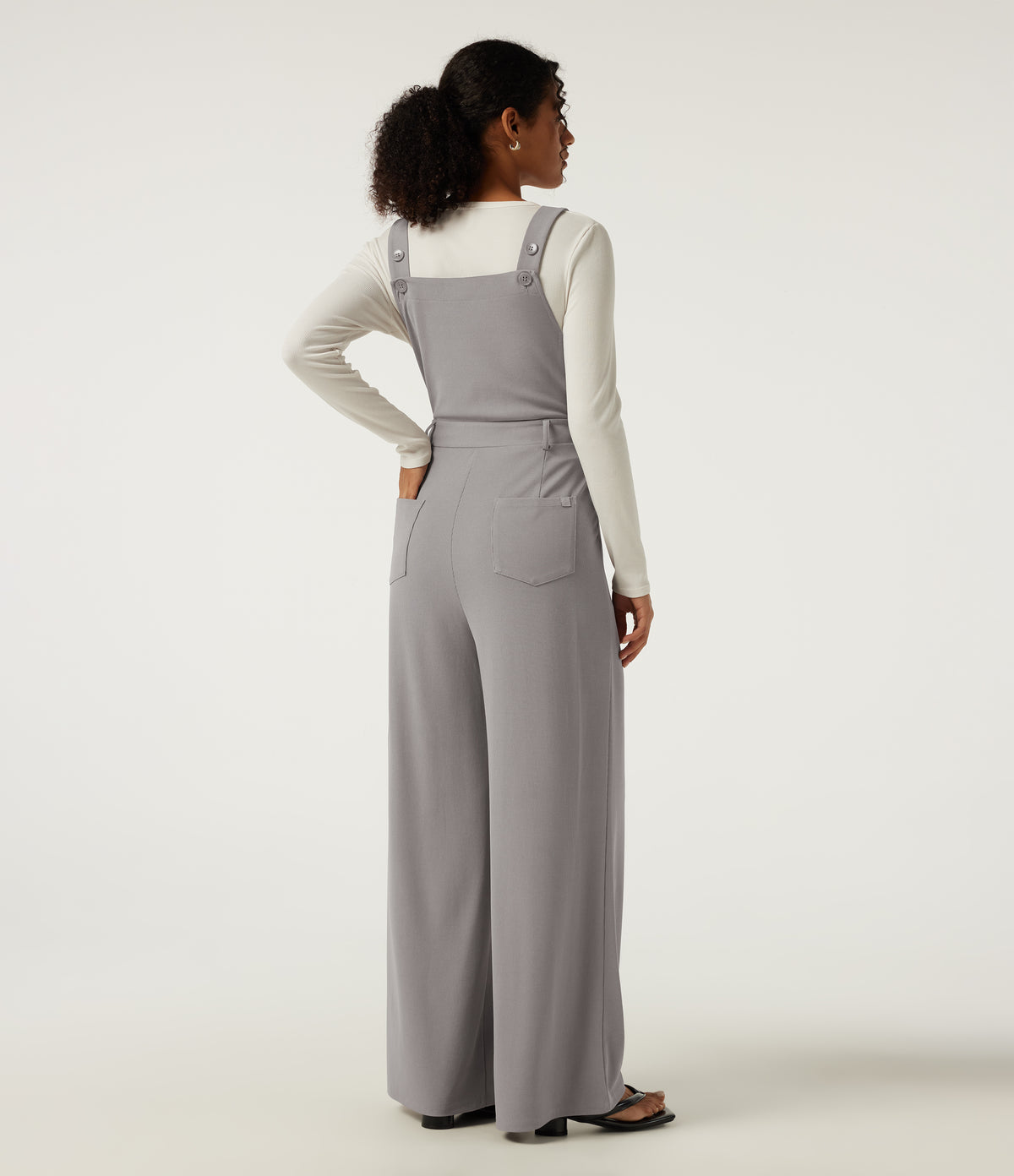 Square Neck Wide Leg Waffle Casual Dungarees with Pockets — Mink Ash — view 2