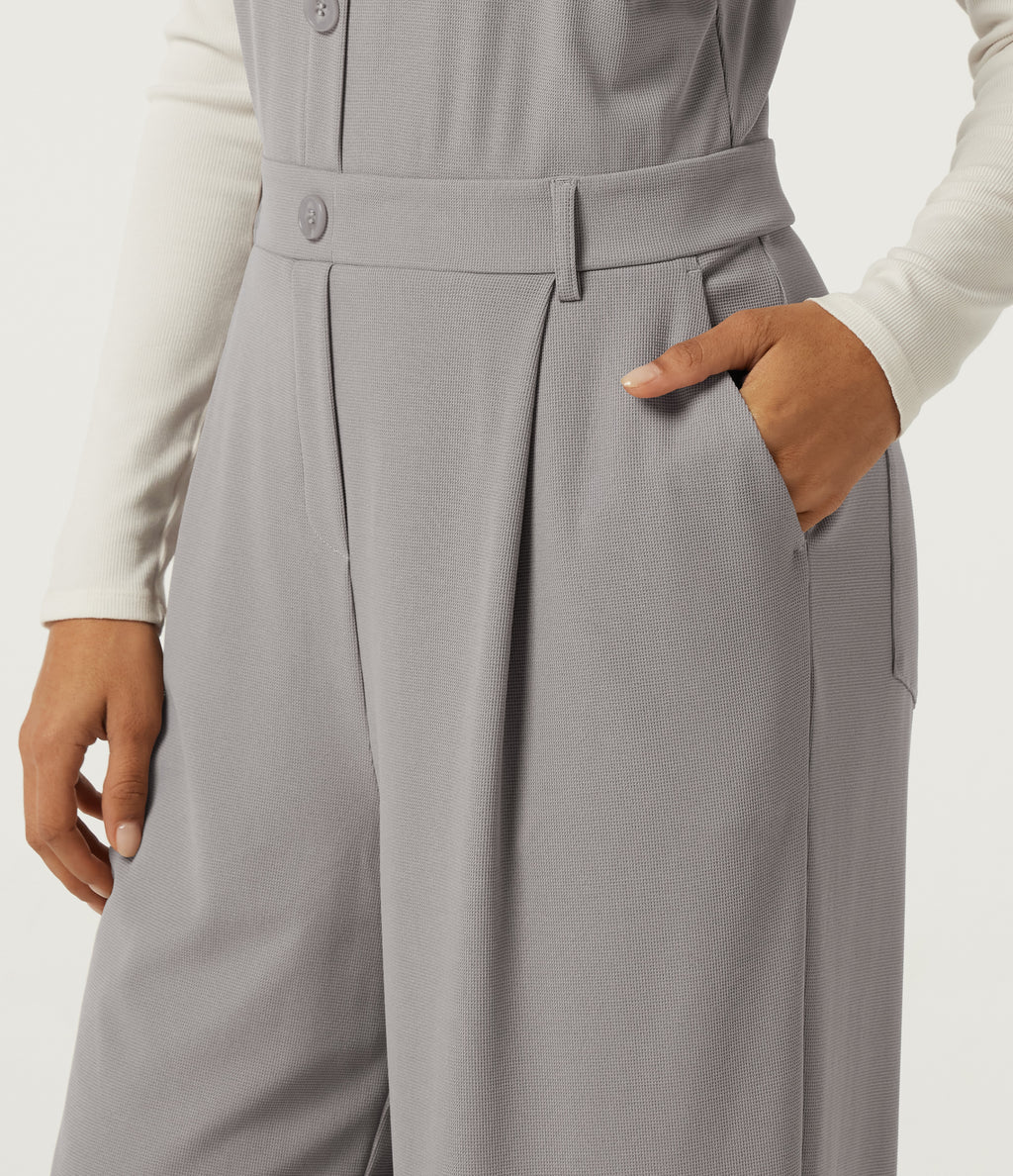 Square Neck Wide Leg Waffle Casual Dungarees with Pockets — Mink Ash — view 6