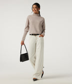 Ribbed High Neck Batwing Long Sleeve Casual Top — Oatstone Beige — view 7