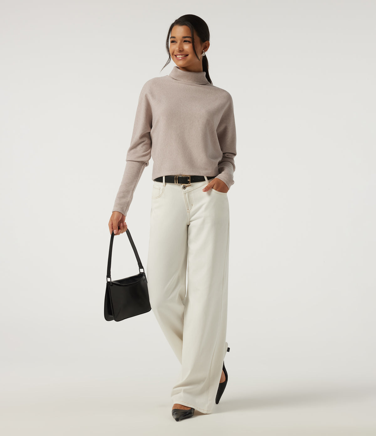 Ribbed High Neck Batwing Long Sleeve Casual Top — Oatstone Beige — view 7