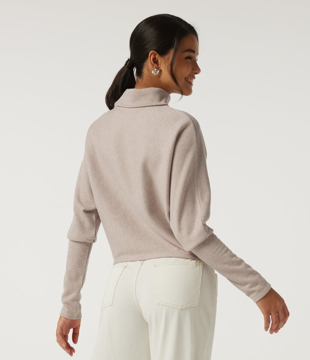 Ribbed High Neck Batwing Long Sleeve Casual Top — Oatstone Beige — view 2
