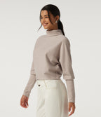 Ribbed High Neck Batwing Long Sleeve Casual Top — Oatstone Beige — view 3