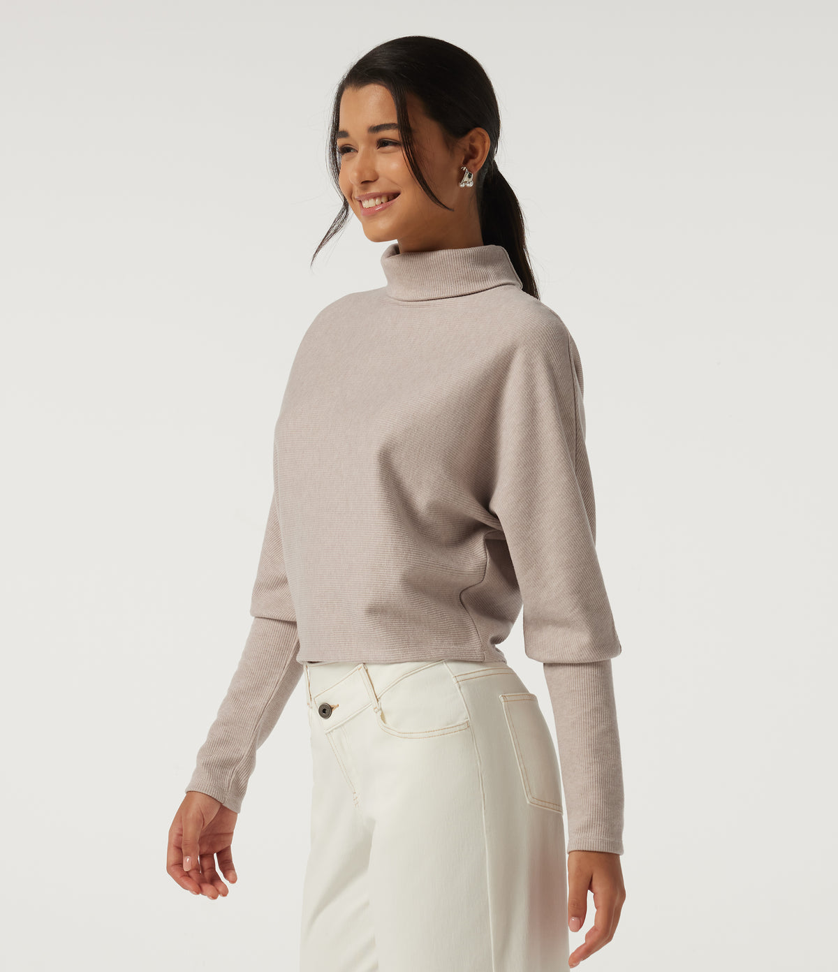 Ribbed High Neck Batwing Long Sleeve Casual Top — Oatstone Beige — view 3