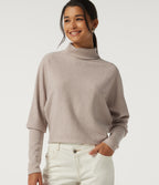Ribbed High Neck Batwing Long Sleeve Casual Top — Oatstone Beige — view 1