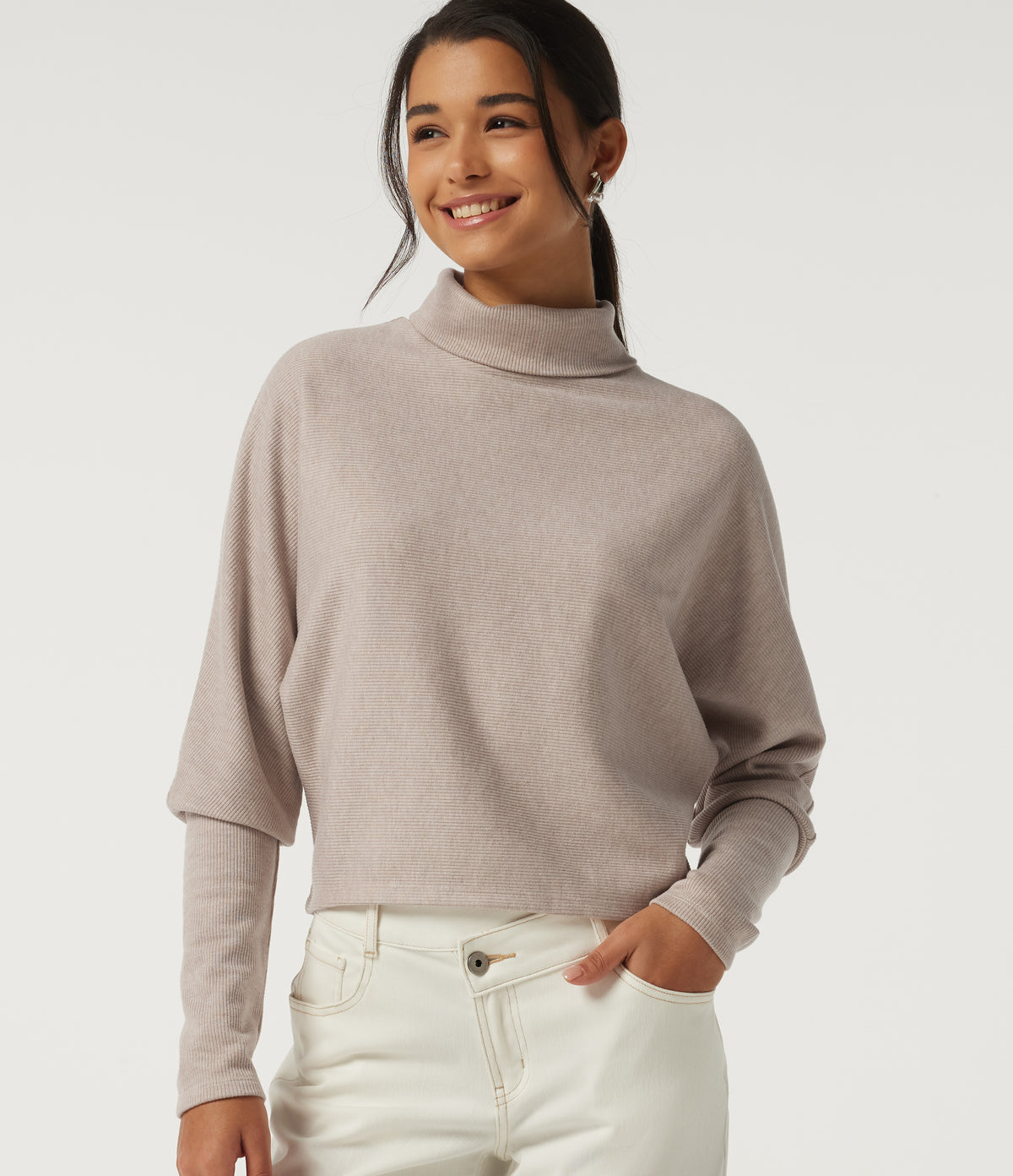 Ribbed High Neck Batwing Long Sleeve Casual Top — Oatstone Beige — view 1