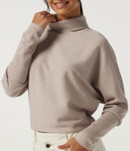 Ribbed High Neck Batwing Long Sleeve Casual Top — Oatstone Beige — view 5